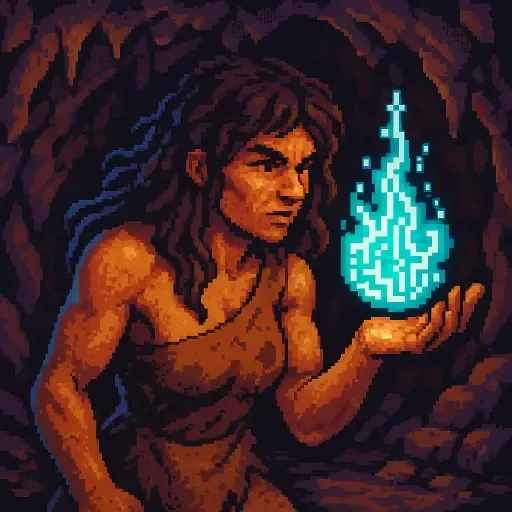 Picture of a prehistoric woman holding a digital flame