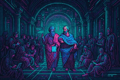 A neon pixelart version of the School of Athens